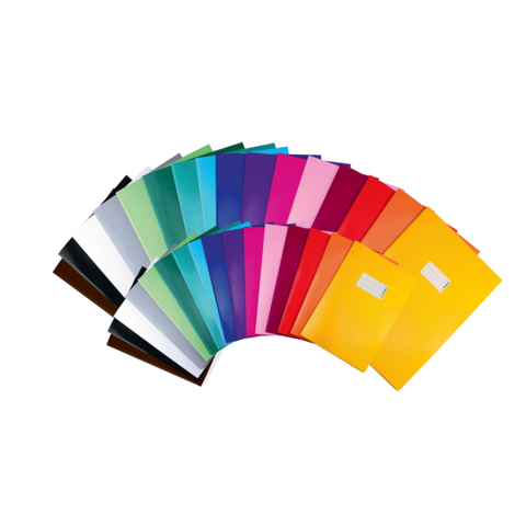 Bunte Ordner in verschiedenen Farben, angeordnet in einem Halbkreis. Die Farben umfassen Blau, Grün, Pink, Gelb und Schwarz.