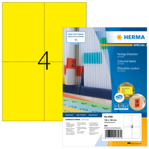 Gelbe Etiketten mit der Nummer 4, verpackt in einer Herma-Hülle, die Informationen zu den Etiketten enthält.