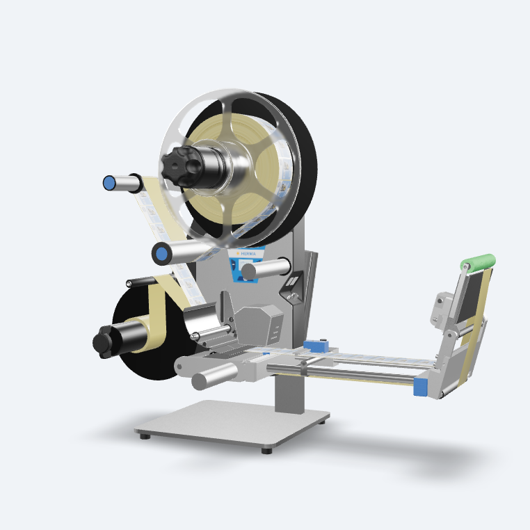 Eine Etikettiermaschine mit Rollen, die Etiketten auf eine Oberfläche aufbringt. Sie besteht aus einem stabilen Gestell und mehreren Walzen.