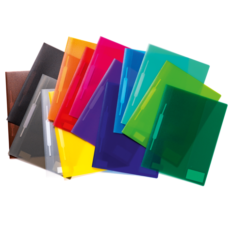 Bunte Kunststoffordner in verschiedenen Farben, angeordnet in einer Überlappung, um ihre Transparenz und Vielfalt zu zeigen.