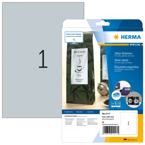 Silberne Etiketten von Herma, 25 Stück, für Beschriftungen, mit Beispiel für Teeverpackung und Hinweis auf kostenlose Software.