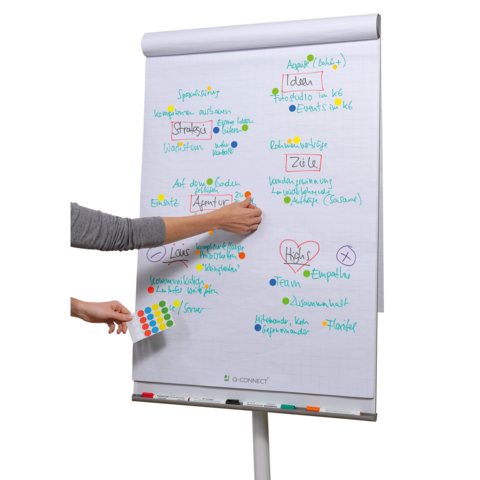 Eine Person bringt bunte Punkte auf ein Flipchart an, das mit verschiedenen Begriffen und Notizen zu Strategien und Zielen versehen ist.
