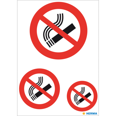 Drei Rauchverbot-Symbole in verschiedenen Größen, jeweils mit einem roten Kreis und einem diagonalen Strich über einer Zigarette.