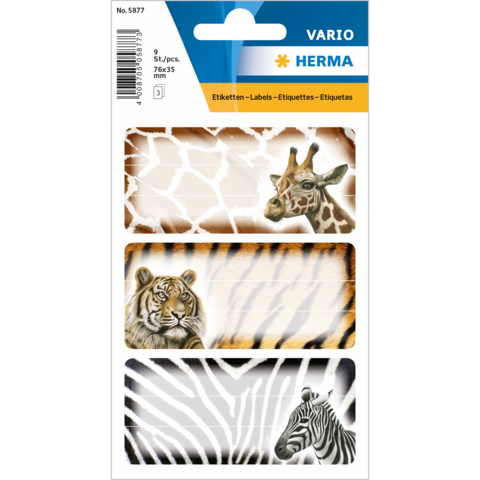 Tiermotive auf Etiketten: Giraffe, Tiger und Zebra, jeweils auf einem Hintergrund mit Tierfellmustern.