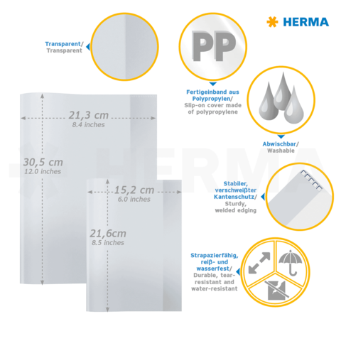 Transparente Polypropylen-Hülle mit abwischbarem Material, stabilen Kanten und verschiedenen Größenangaben. Ideal für Dokumentenschutz.