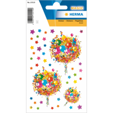 Bunte Aufkleber mit Luftballons und Sternen in verschiedenen Größen und Farben auf einer Verpackung.