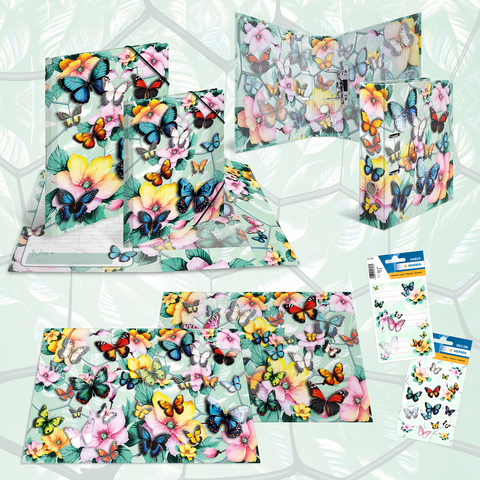 Bunte Schmetterlinge und Blumen auf verschiedenen Karten und einem Aufsteller, umgeben von einem hellen, gemusterten Hintergrund." 

(Note: The text is already in German and does not require translation. It is clear and fluent as it stands.)