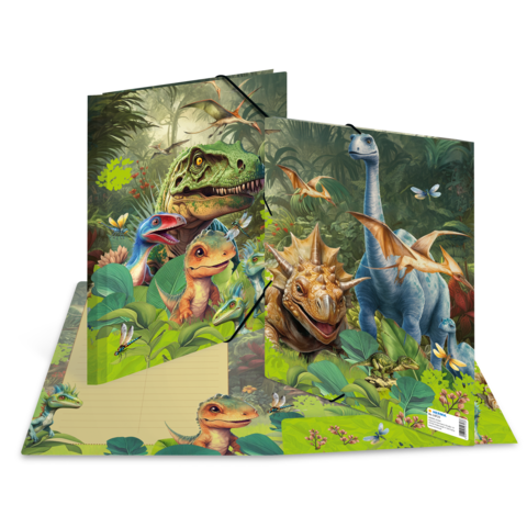 Bunte Dinosaurierillustrationen auf einem Ordner, umgeben von Pflanzen und Schmetterlingen in einer tropischen Umgebung.