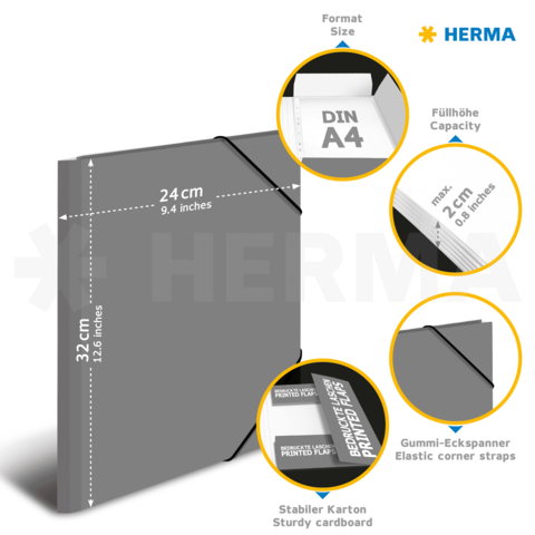 Graue Mappe aus stabilem Karton, geeignet für DIN A4, mit elastischen Ecken und einem Füllvolumen von bis zu 2 cm.