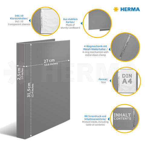 Grauer Ordner mit 4-Ringmechanik, 10 transparenten Hüllen und Innendruck. Größe: DIN A4, Maße: 27 x 31,5 cm." 

(Note: The text is already in German and does not require translation. It is clear and fluent as is.)