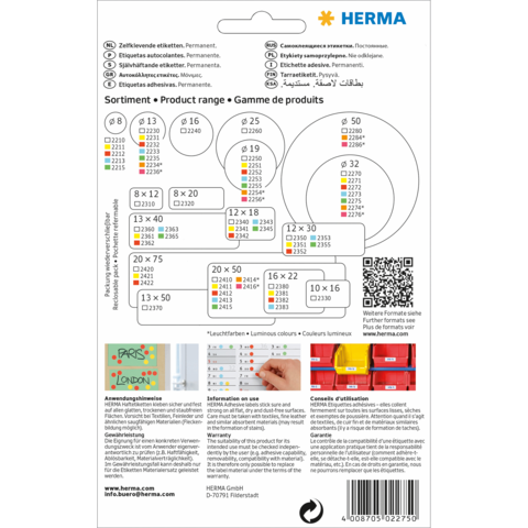 Produktübersicht mit verschiedenen Etikettenformaten und Anwendungshinweisen von Herma, einschließlich QR-Code für weitere Informationen.