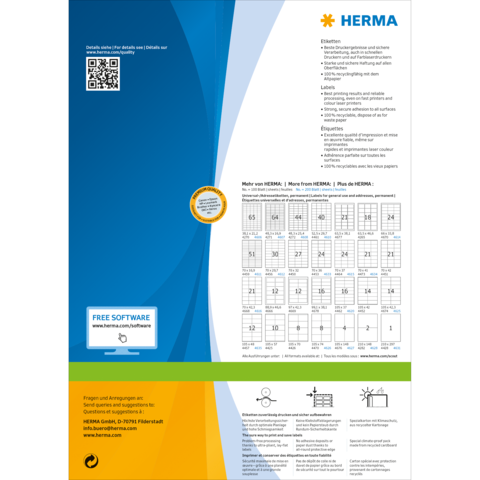 HERMA Produktinformationen mit QR-Code, Software-Hinweis und Kalenderübersicht für Etiketten und Drucklösungen.