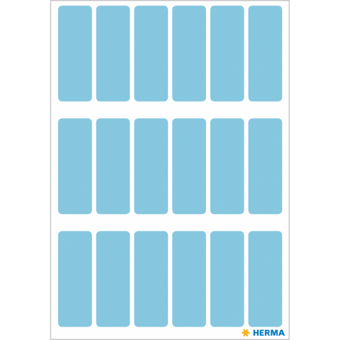 Blatt mit blauen Etiketten in rechteckiger Form, angeordnet in mehreren Reihen und Spalten. Hersteller: HERMA.