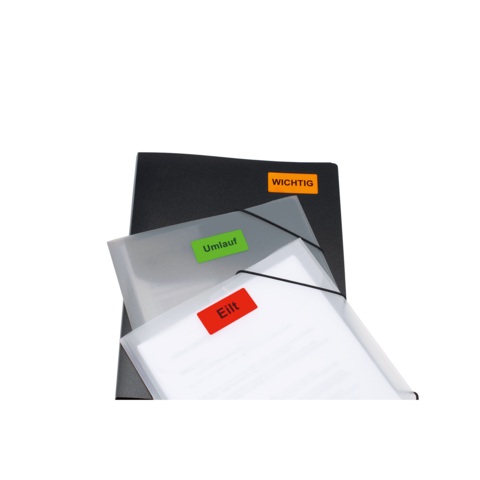 Schwarzes Ordner mit drei transparenten Hüllen, beschriftet mit "WICHTIG", "Umlauf" und "Elite".
