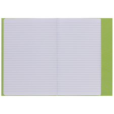 Ein offenes Notizbuch mit liniertem Papier und einem grünen Umschlag. Die Seiten sind leer und bereit zum Beschreiben.