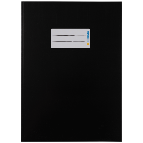 Schwarzes Notizbuch mit einem weißen Etikett auf der Vorderseite, das Platz für drei Zeilen zum Beschriften bietet.