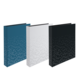 Drei Notizbücher in verschiedenen Farben (blau, weiß, schwarz) mit einem geometrischen Muster auf der Vorderseite.