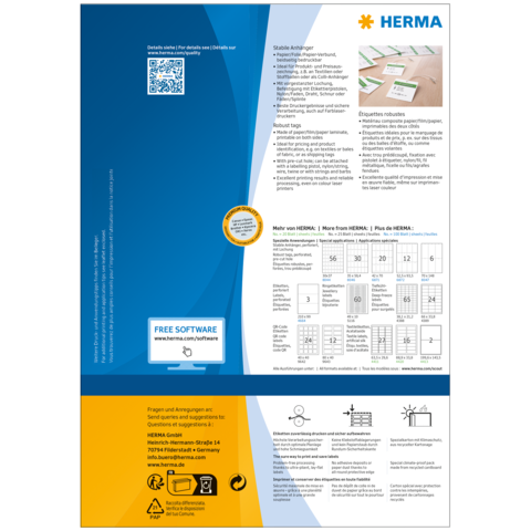 Stabile Aufkleber von HERMA, mit QR-Code und Informationen zu Software und Produkten. Enthält eine Übersicht von Etikettengrößen.