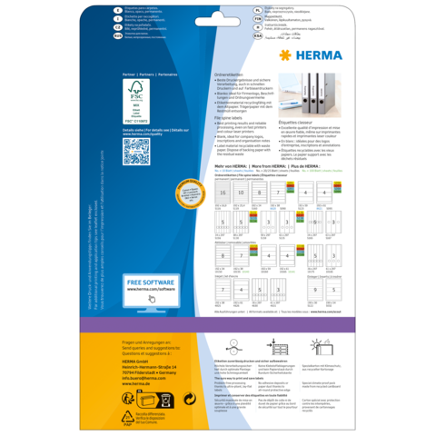 Rückseite einer Verpackung mit Informationen zu HERMA Produkten, einschließlich Softwarehinweis und Anwendungsbeispielen.