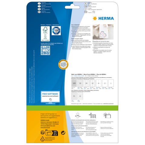 Rückseite einer Verpackung mit Informationen zu HERMA Produkten, einschließlich Softwarehinweis und Anwendungshinweisen.
