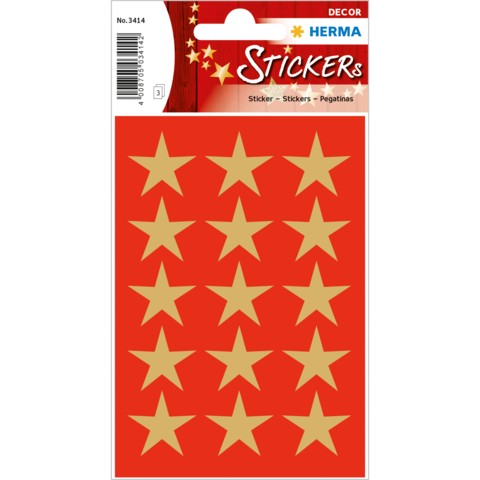 Rote Aufkleber mit goldenen Sternen in einem 3x5-Raster, verpackt unter der Marke Herma.