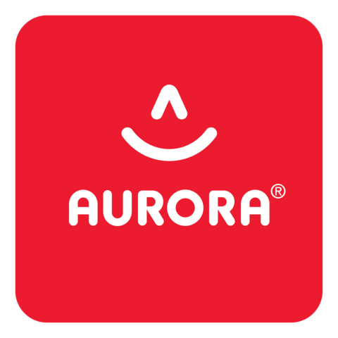 Logo von Aurora auf rotem Hintergrund, bestehend aus einem lächelnden Symbol und dem Schriftzug 'AURORA' in weißer Schrift." 

(Note: The original text is already in German and does not require translation. It is clear and fluent as is.)