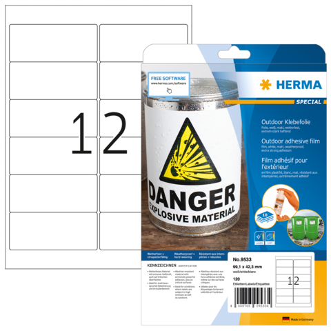 Klebefolie für den Außenbereich mit Warnhinweis "Explosives Material" und der Nummer 12. Verpackung zeigt Anwendungshinweise.