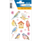Bunte Vögel und ein Vogelhaus in Aquarellstil, umgeben von blühenden Zweigen. Ideal für Dekoration oder Bastelprojekte.