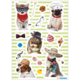 Katzen und Hunde in verschiedenen witzigen Outfits und Accessoires, wie Sonnenbrillen, Hüten und Schals, vor einem gestreiften Hintergrund.