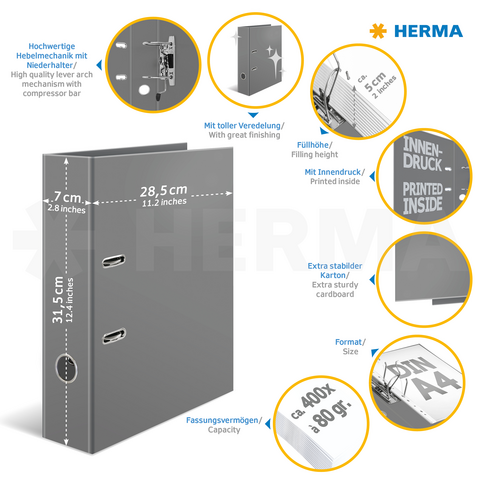 Grauer Ordner mit Hebelmechanik, Innen- und Außendruck, Füllhöhe von 5 cm, für A4-Papier, aus stabiler Kartonage, Maße 31,5 x 28,5 x 7 cm."
(Note: The text provided is already in German and does not require translation. It is clear and