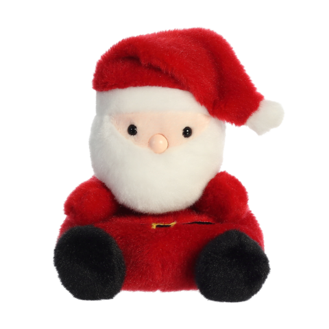 Plüsch-Santa mit rotem Hut und Mantel, sitzend mit einem weißen Bart und schwarzen Füßen.