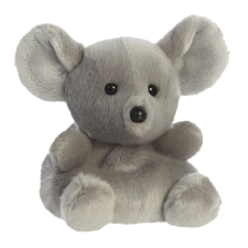 Graues Plüschspielzeug in Form eines Koalas mit großen Ohren und runden Augen, sitzend und mit einem runden Körper.