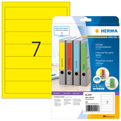 Gelbe Ordneretiketten mit der Nummer 7, verpackt in einer Blisterverpackung. Enthält farbige Etiketten für die Beschriftung von Ordnern.