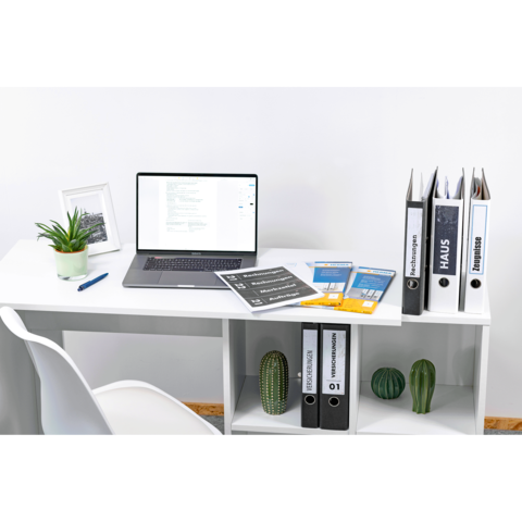 Schreibtisch mit Laptop, Aktenordnern und Dokumenten. Eine Pflanze und zwei kleine Kaktusse sind ebenfalls sichtbar.