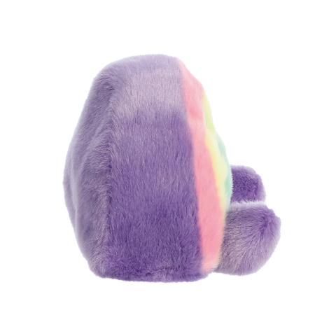 Ein plüschiges, violettes Kissen mit bunten Streifen auf der Vorderseite, das von der Seite wie ein Tier aussieht.