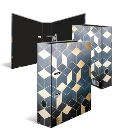 Drei Ordner mit geometrischem Design in Schwarz, Gold und Blau, die geöffnet und geschlossen dargestellt sind.