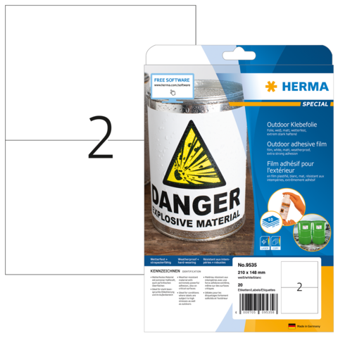 Aufkleber mit Warnhinweis "Danger Explosive Material" auf einer Verpackung für Outdoor-Klebefolie, Größe 210 x 148 mm.