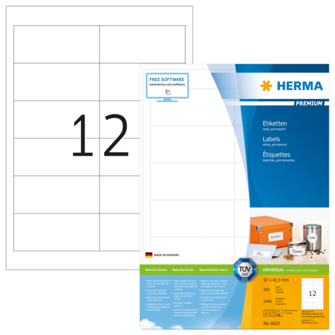 Etikettenblatt mit 12 Feldern, Marke Herma, inklusive Produktinformationen und Anweisungen zur Verwendung.