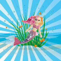 Eine Meerjungfrau mit bunten Haaren und einer schimmernden Schwanzflosse schwimmt durch Wasserpflanzen und Blasen." 

(Note: The text is already in German and does not require translation. It is clear and fluent as it is.)