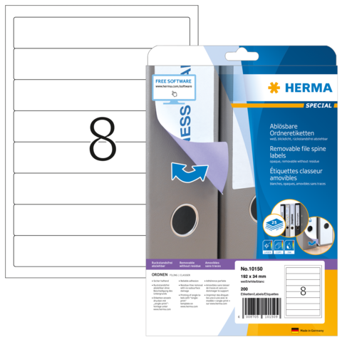 Entfernbare Ordneretiketten mit der Nummer 8, verpackt in einer transparenten Hülle. Enthält 200 Etiketten für die Beschriftung von Akten.