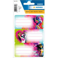 Bunte Etiketten mit Musikmotiven, die Platz für Beschriftungen bieten. Die Designs zeigen stilisierte Figuren mit Kopfhörern und grafischen Elementen." 

(Note: The original text is already in German and does not require translation. The content has been preserved as requested.)