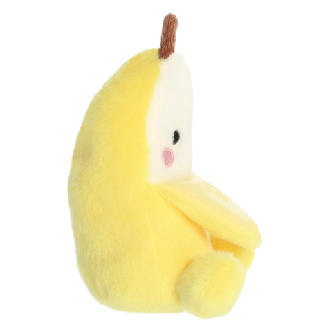 Gelbes, weiches Plüschtier in Form einer Banane mit einem lächelnden Gesicht und einem kleinen braunen Stängel.
