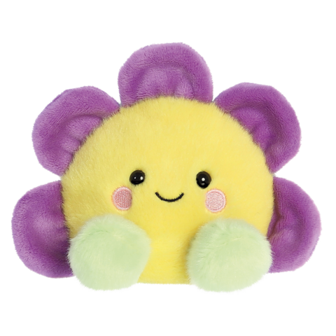 Ein gelbes, lächelndes Plüschspielzeug mit lila und grünen Akzenten, das eine blumenartige Form hat.