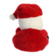 Roter Plüsch-Weihnachtsmann mit weißem Bart und Mütze, von hinten gesehen.