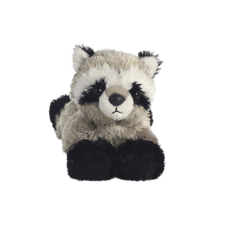 Plüschwaschbär mit grauem und schwarzem Fell, großen Augen und einem runden Gesicht, sitzt aufrecht.