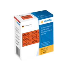 Nummer etiketten in einer Verpackung, mit der Aufschrift „000.001“ und weiteren Nummern, hergestellt von HERMA, Deutschland.