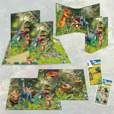 Dinosaurier-Themenordner und -mappen mit lebhaften Illustrationen verschiedener Dinosaurier in einer Dschungellandschaft. Enthält außerdem Aufkleber.