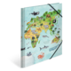 Eine farbenfrohe Weltkarte mit Tieren, die verschiedene Kontinente und Ozeane darstellt, einschließlich Europa, Asien und Australien.