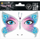 Bunte Schmetterlingsgesichtsdekoration mit glitzernden Elementen und großen blauen Augen, geeignet für Partys oder besondere Anlässe.
