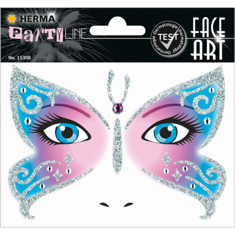 Bunte Schmetterlingsgesichtsdekoration mit glitzernden Elementen und großen blauen Augen, geeignet für Partys oder besondere Anlässe.